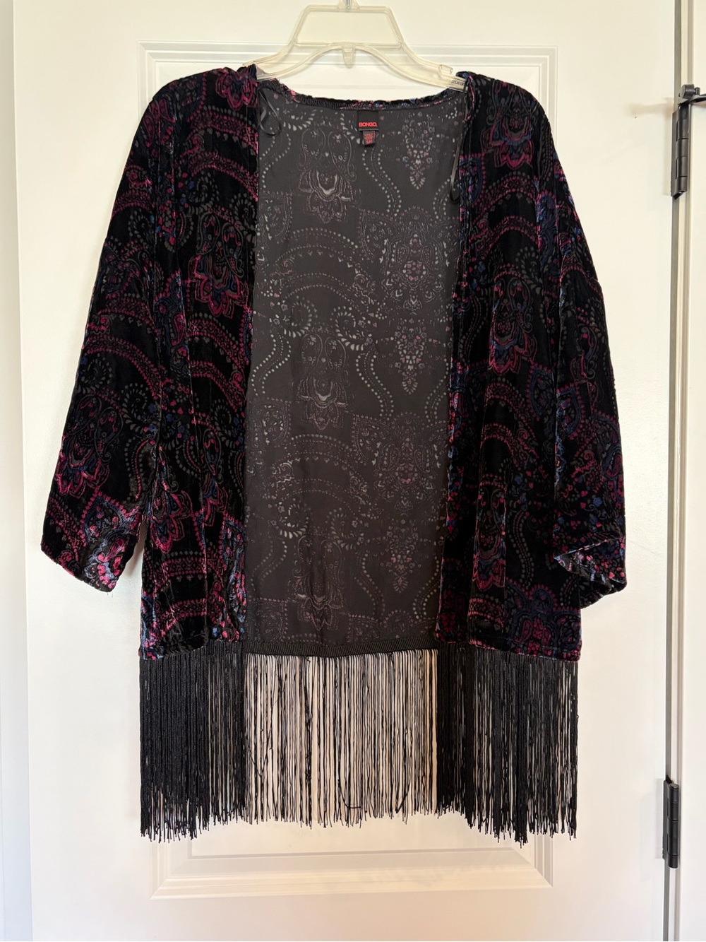 BONGO Black Velvet Open-Front Fringe Cardigan with Wine & Blue Paisley